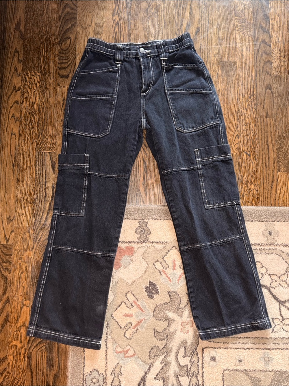 Fashion Nova Black Contrast Stitch Cargo Jeans Women’s Sz 3 Straight Leg